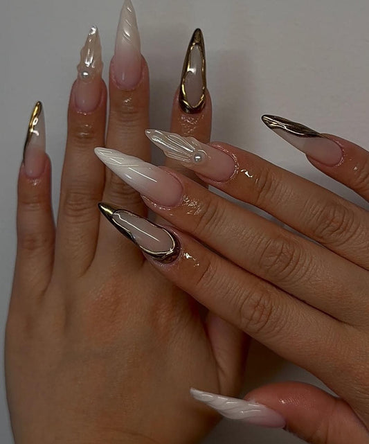 Pearl & Gold + 3D press ons | Summer press on nails | Handmade Press On Nails