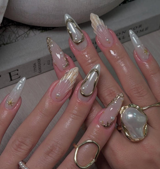 Pearl & Gold Mermaid Core + 3D press ons | Summer press on nails | Handmade Press On Nails