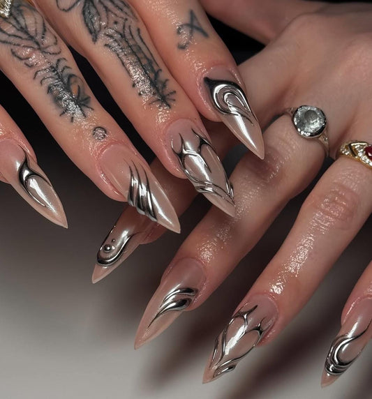 Glazed Nude + Silver Cyber 3D press ons | Summer press on nails | Handmade Press On Nails