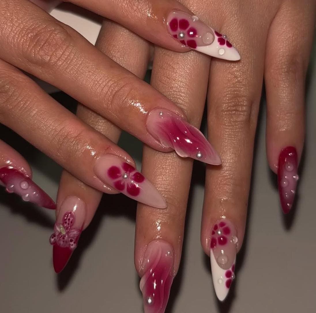 Sangria Blooms + 3D press ons | Summer press on nails | Handmade Press On Nails