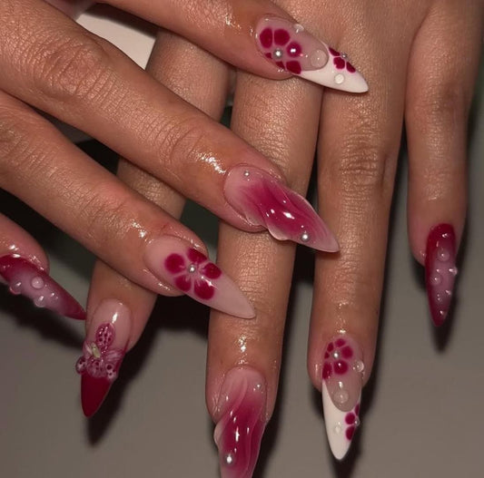 Sangria Blooms + 3D press ons | Summer press on nails | Handmade Press On Nails