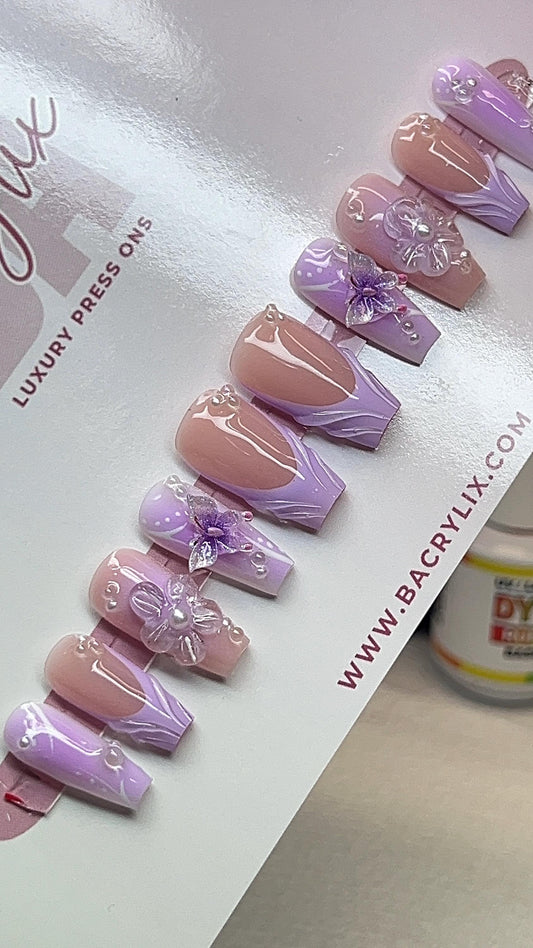 Pastel Purple + 3d Flowers & Butterfly press ons | Summer press on nails | Handmade Press On Nails