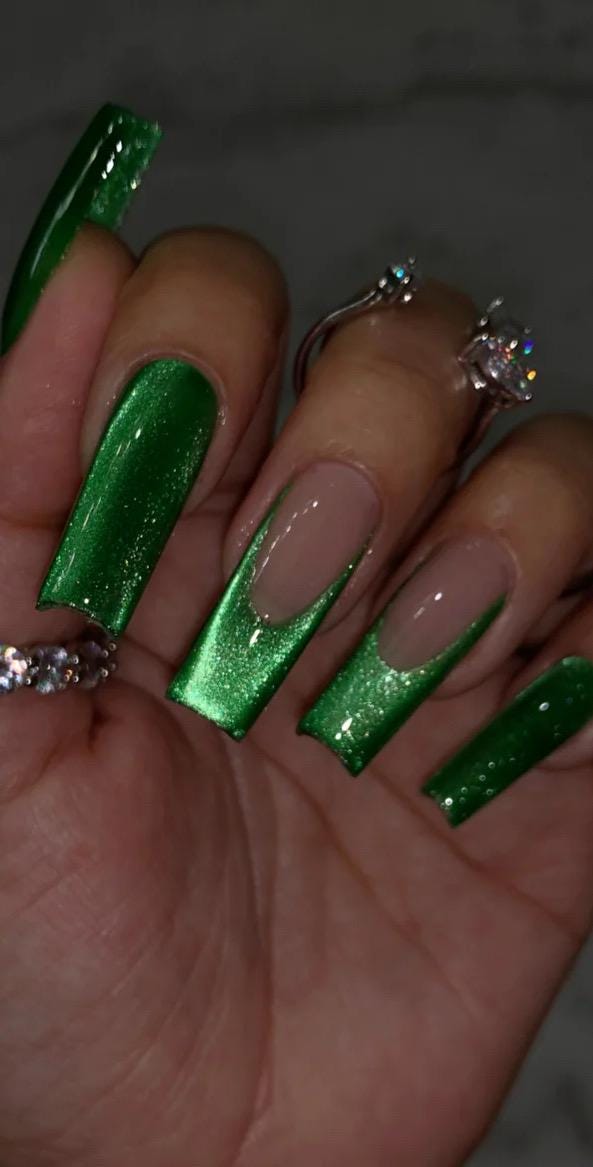 Green Cateye + French press ons | Spring press on nails | Handmade Press On Nails