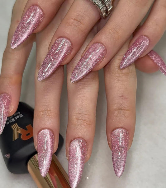 Pink reflective Cateye press ons | Spring press on nails | SpringPress On Nails | Handmade Press On Nails