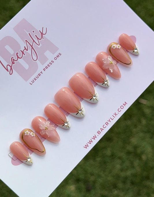 Golden Bloom | Ready-to-Ship Press-On Nail Set | Sizes XS–L | Handmade Press on nails