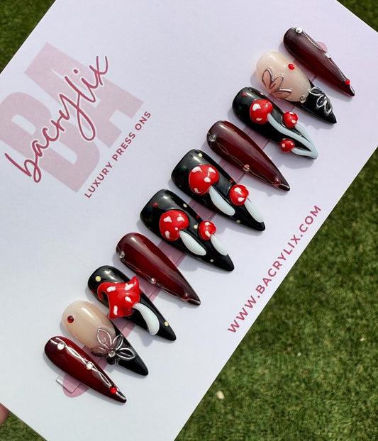 Midnight Shroom | Ready-to-Ship Press-On Nail Set | Sizes XS–L | Handmade Press on nails