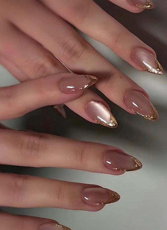 Dusty Rose Glass Cateye + Gold Chrome Chrome press ons | Fall press on nails | Handmade Press On Nails