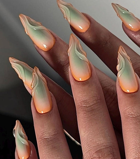 Papaya Aura + 3D press ons | Fall press on nails | Handmade Press On Nails