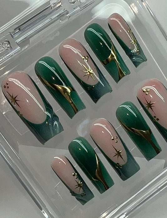 Emerald Aura + Gold Chrome press ons | Fall press on nails | Handmade Press On Nails
