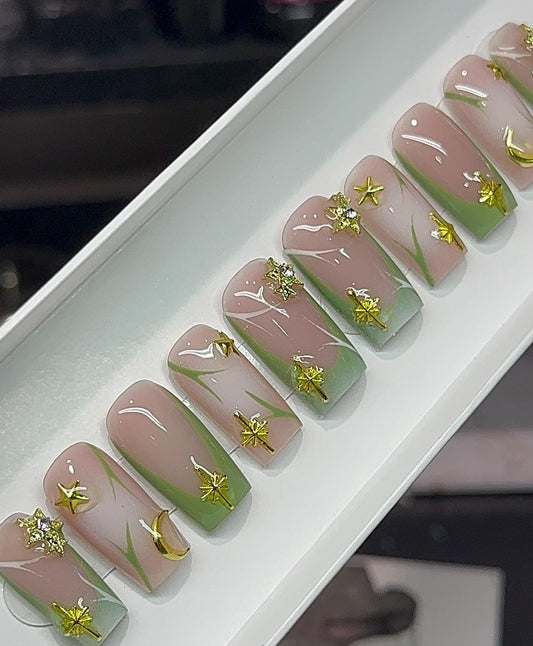 Green French + Gold Stars press ons | Fall press on nails | Handmade Press On Nails