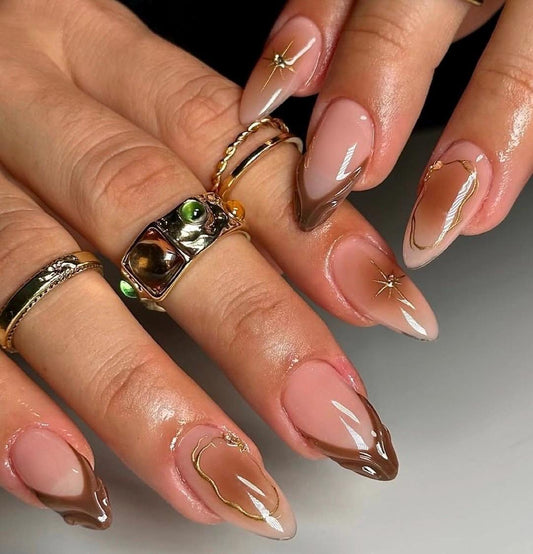 Brown Aura + Gold Chrome press ons | Fall press on nails | Handmade Press On Nails