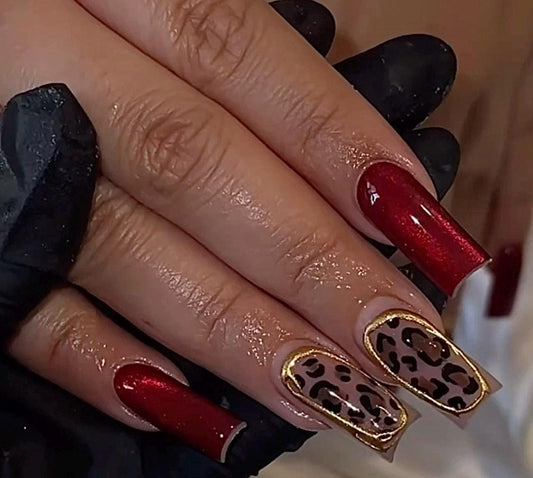 Gold Chrome Cheetah + Red Cateye press ons | Fall press on nails | Handmade Press On Nails