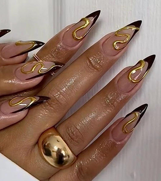 Black French + 3D Gold Chrome Abstract press ons | Fall press on nails | Handmade Press On Nails