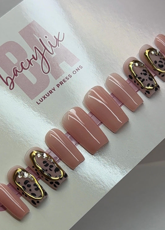 Gold Chrome + Cheetah Press On Nails | Holiday press on nails | Handmade Press On Nails