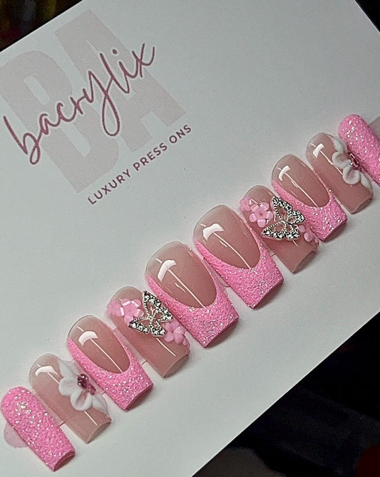 Pink Glitter French + Flowers press ons | Holiday press on nails | Handmade Press On Nails
