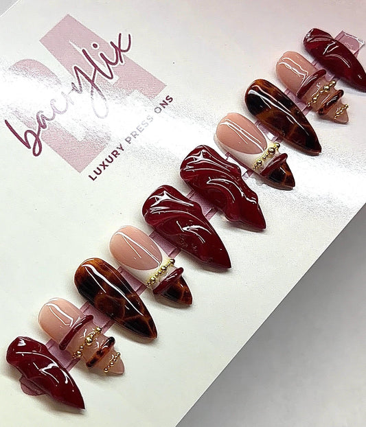 Red 3D + Tortoise Bangle Press On Nails | Holiday press on nails | Handmade Press On Nails