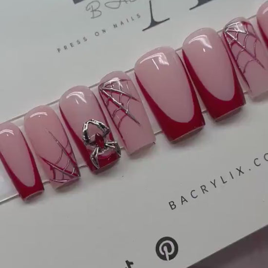Red French + Spiderwebs + Charms | Halloween press ons  | Handmade Press On Nails