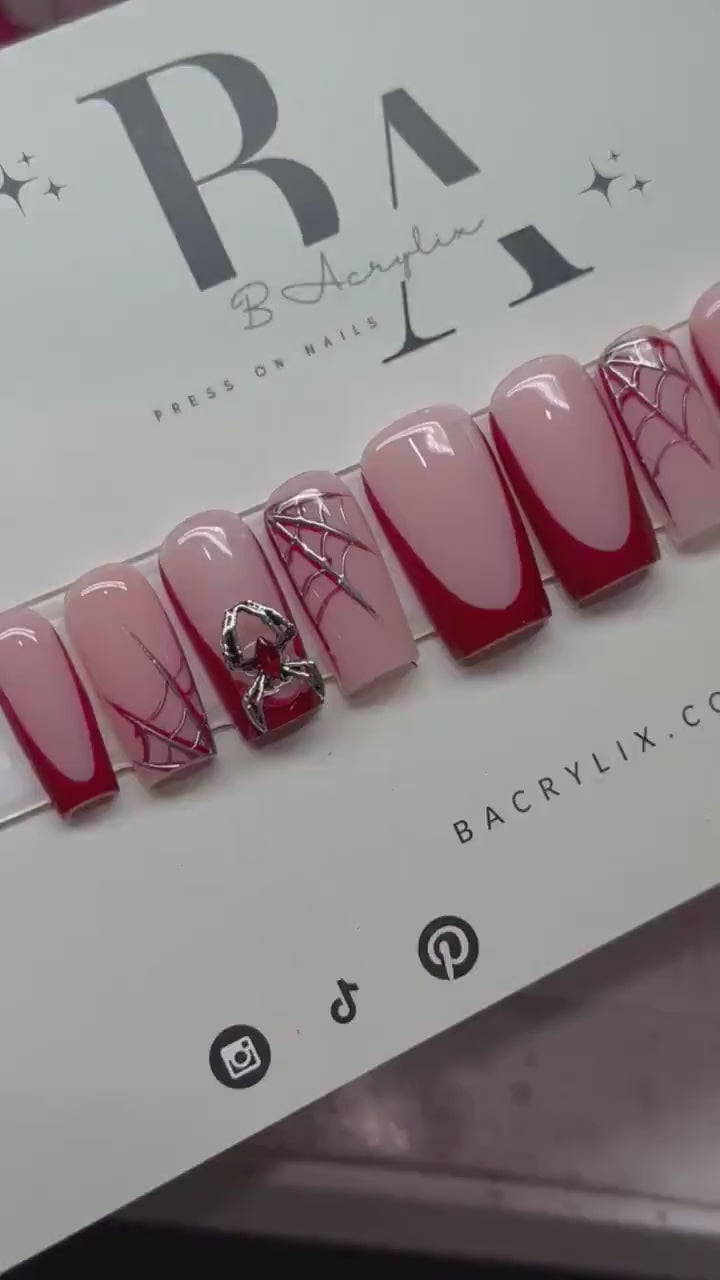 Red French + Spiderwebs + Charms | Halloween press ons  | Handmade Press On Nails